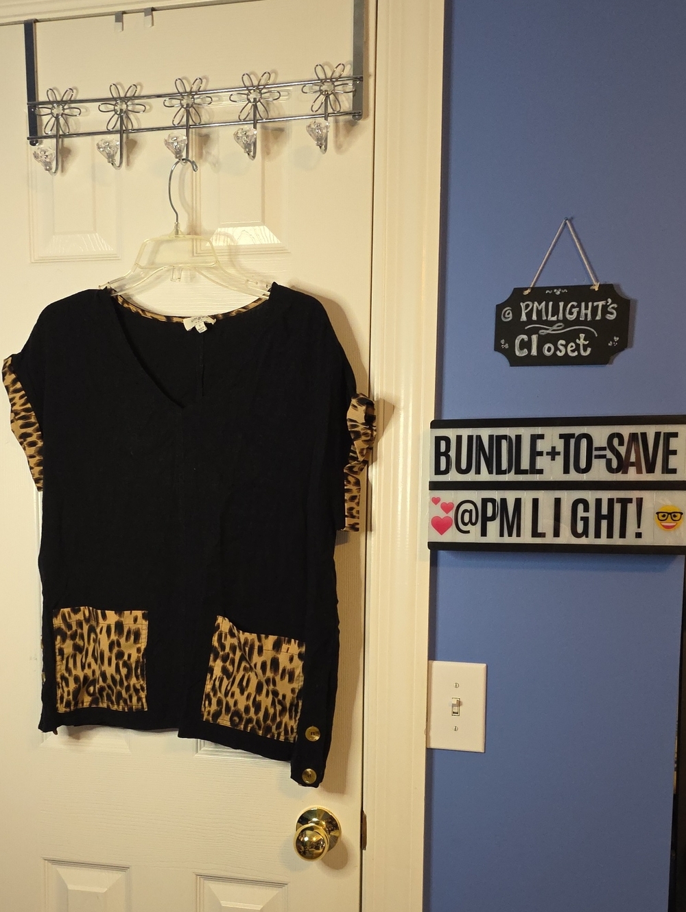 Umgee Black Blouse with Leopard Trim Small